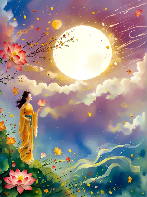 Cai GuoRUNs illustration style, 1girl, A woman in a long skirt stands on a cliff and looks up at the starry sky, Goddess of space, Milky Way Goddess, Goddess of Heaven, Astral Ethereal, dream, Beautiful celestial wizard, Beautiful fantasy painting, Beautif...