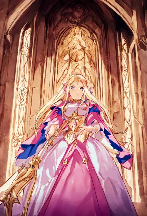 anime styling, best qualityer, White girl, long  hair, blonde hair with pink shine, princesselise, dress in colors: offwhite, pink and gold, holding a rapier, tails, Medieval theme, castle background scenery, blue colored eyes, facefocus
