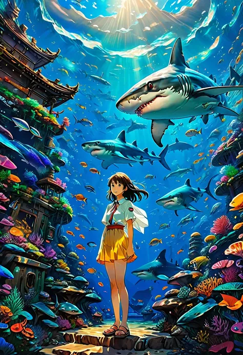 Shark Girl, full body, by Studio Ghibli, cinematic still, cinemascope, best quality, masterpiece, very aesthetic, perfect composition, intricate details, ultra-detailed, vivid colors