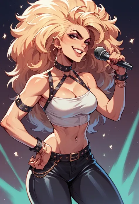 naughty man , big hair, microphone on the waist, aretes, piercing, blouse, neck straps, graffit, rapping