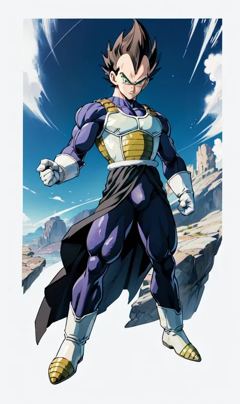 vegeta , (masterpiece, best quality:1.2) perfecteyes eyes, green eyes, solo, male focus, 1boy, angry, Black spiked hair, armor, white gloves, nicebulge , massive bulge , full body , boots ,  