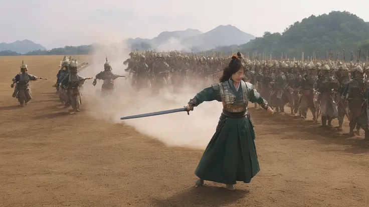 a shot from movie scene by akira kurosawa, lisa blackpink as beautiful ancient japanese female general fighting on the battlefie...