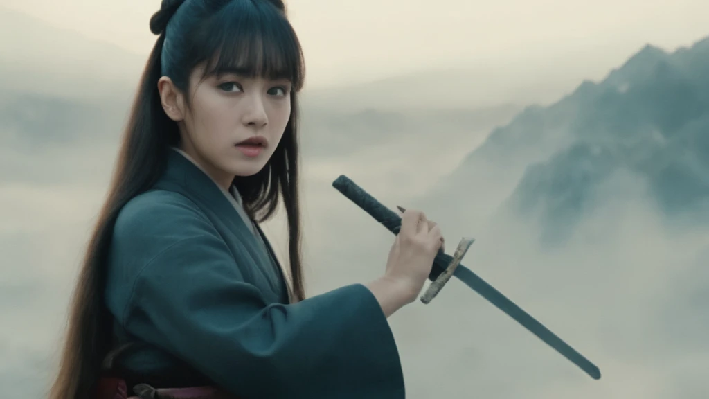 a shot from movie scene by akira kurosawa, lisa blackpink as beautiful ancient japanese female general fighting on the battlefie...