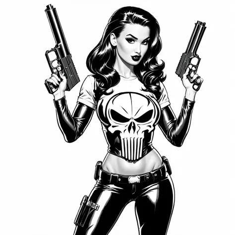 sexy pinup wearing a punisher shirt, coloring page, black and white, white background, entire body in shot, holding highly detai...