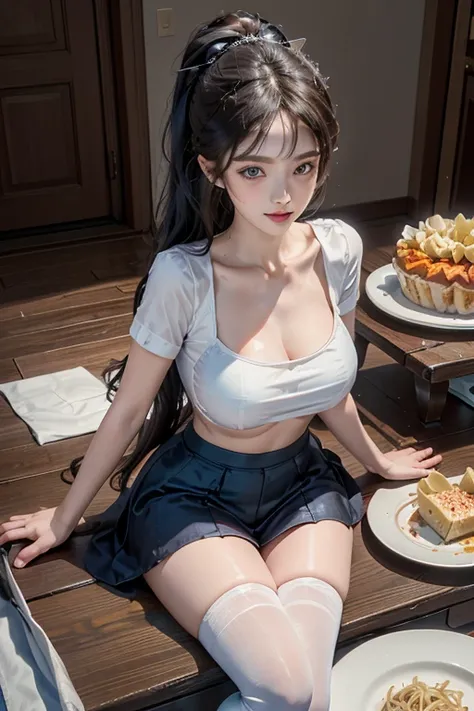 (dynamic angle:1.3, front view:1.1, breast focus:1.3, from above:1.1), (dynamic posing:1.2, sexy posing:1.2), (seductive smiling:1.3), ((holding Pasta on a plate,Taking the pasta out of the pan, worried about the outcome:1.2)),highest quality、(real、photore...