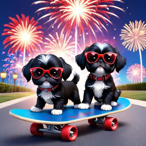 2 Adorable small black Shih Tzu puppies, wearing red sunglasses riding a skateboard on a sidewalk, red white and blue firework background 3d cartoon, 3d render, disney pixar style