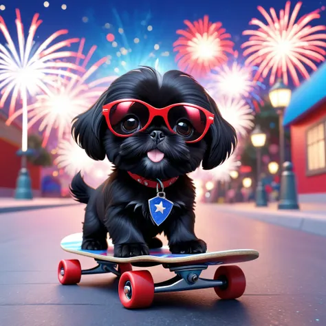 2 Adorable small black Shih Tzu puppies, wearing red sunglasses riding a skateboard on a sidewalk, red white and blue firework background 3d cartoon, 3d render, disney pixar style