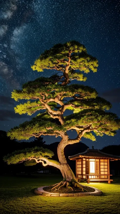 ancient and large mythical bonsai tree, with a mini-village surrounding it with yellow lights, starry night sky, foto realista 4k