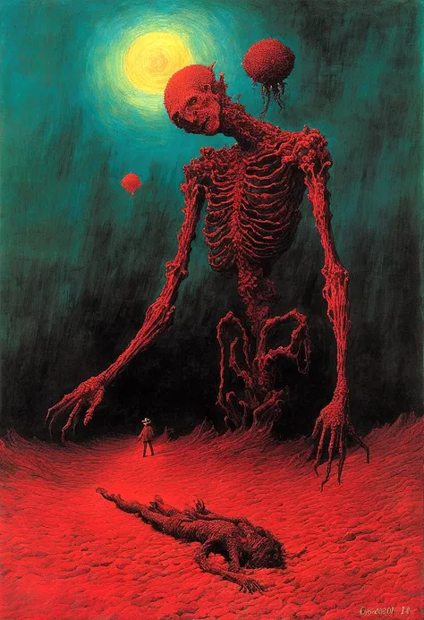 Mythical creatures, author：Zdzislaw Beksiński and Vincent Van Gogh, Album cover, romantic, Surrealism, Futuristic ,Smiling Corpse, Coral, Wizard, Abstracted, dark, red, landscape