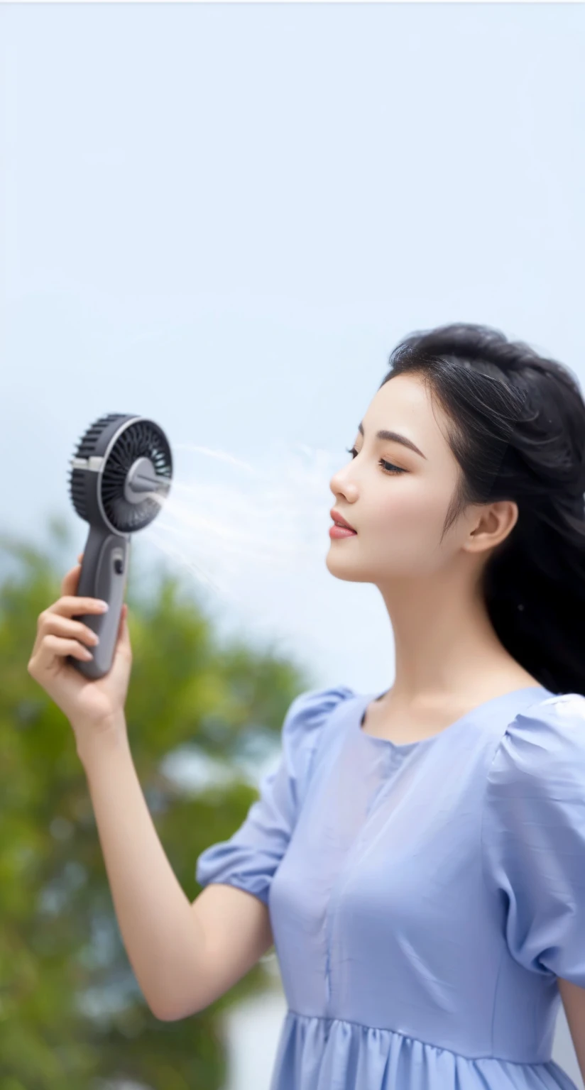 Arafat woman uses hairdryer to dry her hair, Fan Favorites, mist, inspired by Fan Qi, Ease of use, Close-up angle, Bottom Angle, product photo, misting, Table Fan, Product introduction photos, Plenty of light, breeze, No background, Vivid details, Front An...