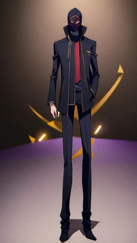 Male, teenager, vigilante, wearing dark clothes, a coat, and a mask, athletic build, hands in pockets, standing at attention, nighttime setting, lone figure, facing viewer, fully in frame, full body shot, Code Geass style, codeGeass, CODEGEASS