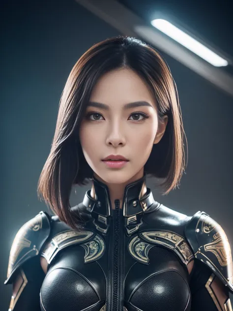 a highly detailed and photorealistic cinematic portrait of a beautiful Chinese woman, with an extremely realistic and hyperrealistic face, mesmerizing eyes, full lips, flawless skin, and elongated facial features, wearing a futuristic cyberpunk mechanical ...