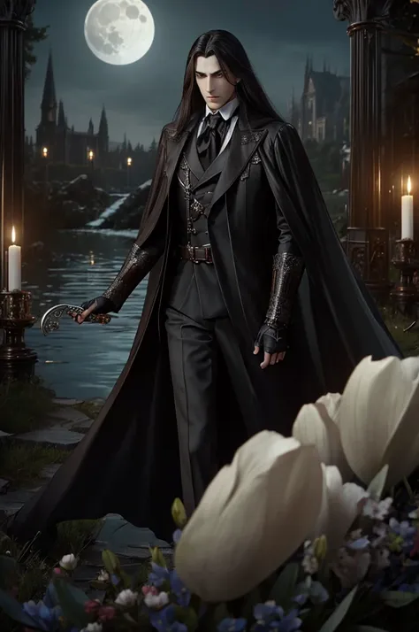 a vampire His physical features should be similar to those of Alucard from Castlevania: Symphony of the Night. It should have an elegant and mysterious appearance, with long silver hair, piercing eyes and sharp facial features. Wear dark and gothic style c...