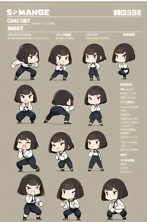 character sheet, white background, chibi, female, short hair, simple clothes, squat pose, squat fighting pose, cartoon style, hi...