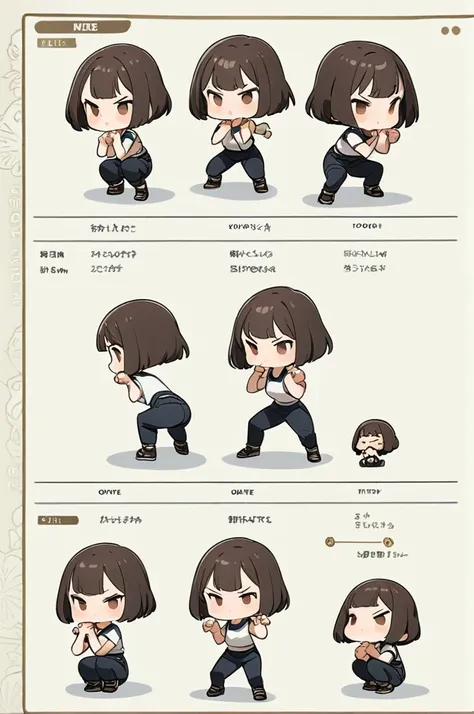 character sheet, white background, chibi, female, short hair, simple clothes, squat pose, squat fighting pose, cartoon style, hi...