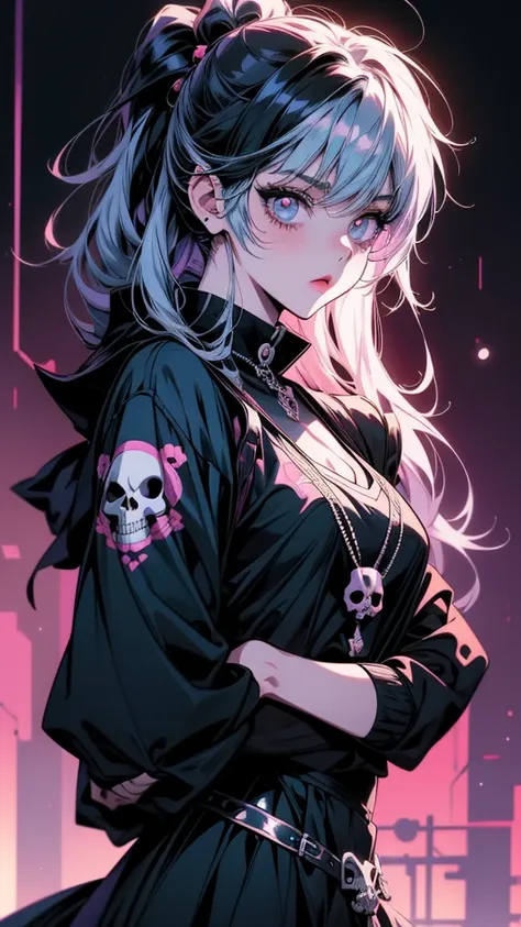 Skull and crossbones anime girl holding a skull, Cute art style, Anime Style, bubble goth, Pastel Goth, Anime Styled, Anime art style, emo anime girl, Anime Style 4 k, Anime Style illustration, Anime Style artwork, Anime Moe Art Style, high quality Anime a...