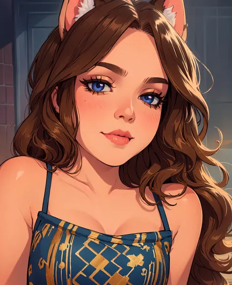 a sexy pet girl, beautiful detailed eyes, beautiful detailed lips, extremely detailed eyes and face, long eyelashes, wavy brown hair, cute catgirl ears, soft pale skin, (best quality,4k,8k,highres,masterpiece:1.2),ultra-detailed,(realistic,photorealistic,p...