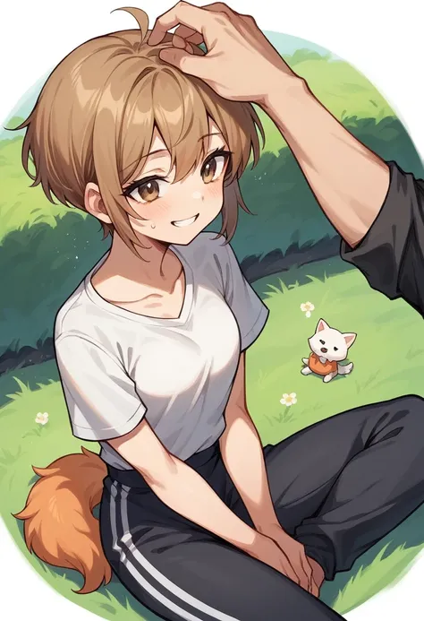 drawing of a girl with long brown hair, light brown eyes, with a smiling expression on her face, wearing a white shirt and a black sweatpants, sitting on the grass floor in her legs, she has an orange cat and the girl He is petting a medium-sized white dog...