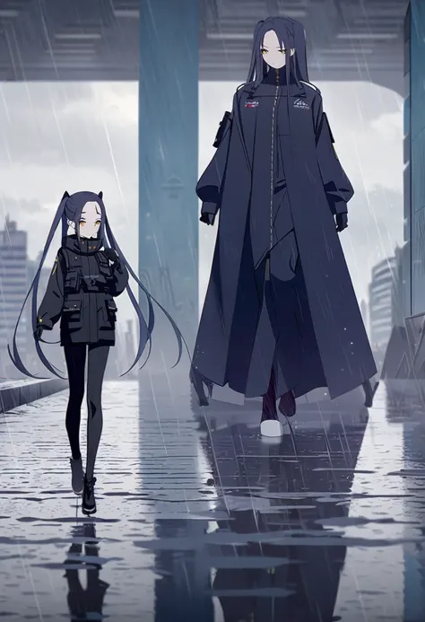 (One person,Very tall woman,Dark navy blue hair,Her hairstyle is twin tails that expose her forehead.,Medium chest,yellow eyes)Black Techwear,Thimble gloves,Walking in the rainy city