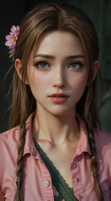 aerith, green eyes, (best quality, ultra-detailed), (realistic:1.37), beautiful and detailed face, ultra-realistic texture, deli...