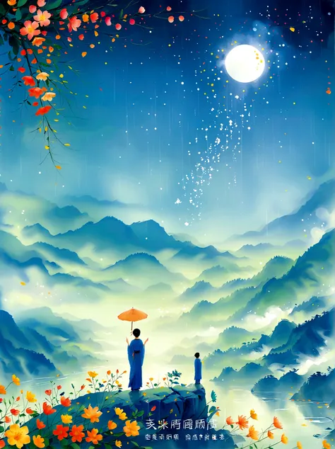 Cai GuoRUNs illustration style, 1girl, A woman in a long skirt stands on a cliff and looks up at the starry sky, Goddess of space, Milky Way Goddess, Goddess of Heaven, Astral Ethereal, dream, Beautiful celestial wizard, Beautiful fantasy painting, Beautif...