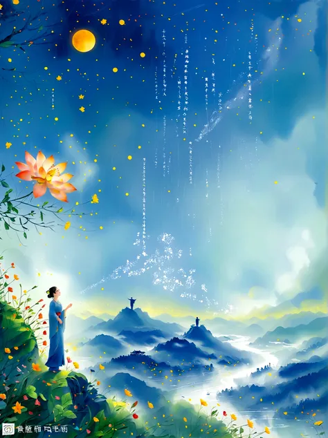 Cai GuoRUNs illustration style, 1girl, A woman in a long skirt stands on a cliff and looks up at the starry sky, Goddess of space, Milky Way Goddess, Goddess of Heaven, Astral Ethereal, dream, Beautiful celestial wizard, Beautiful fantasy painting, Beautif...