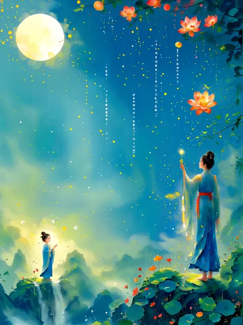 Cai GuoRUNs illustration style, 1girl, A woman in a long skirt stands on a cliff and looks up at the starry sky, Goddess of space, Milky Way Goddess, Goddess of Heaven, Astral Ethereal, dream, Beautiful celestial wizard, Beautiful fantasy painting, Beautif...