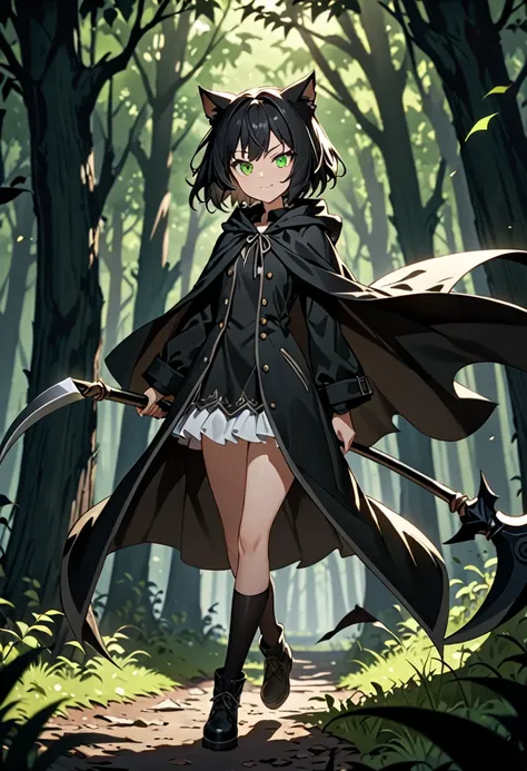 8K Ultra High-Quality, ultra-detailed, High quality, Black hair, short hair, cat girl, green eyes, smug face, flat chest, black hooded coat, Large black Scythe, shadow figure, cape flying in the wind, dark forest background, full body