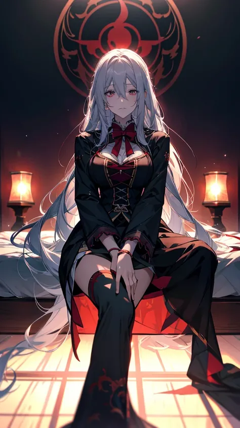 Anime girl with long white hair sitting on a bed in front of a painting, Gap Moe Yandere Grimdark, Anime Style 4k, With eyes that glow red, Devil Anime Girl, Anime Art Wallpapers 8K, Created by Anime Painter Studio, Gothic Maiden Anime Girl, Digital art on...