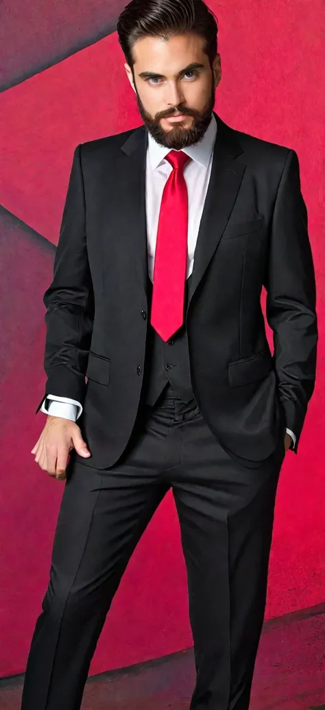 a guy with a beard, wearing a black suit with a red tie (Renan souzones)