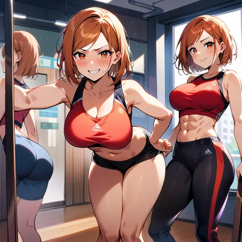 nobara kugisaki,sport clothing,gym, leggings, large ass,large breasts ,ftont look, mocking smile,seductive face,red nails ,messy hair, pleasure face,smiling, detailed face, detailed eyes,looking at teathre performance ,posing at mirror,shorts,topic,abs