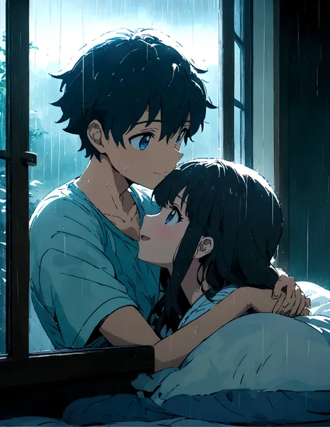 Anime couple,embrace in bed,rain visible through a window, detailed anime style characters, happy scene, rainy window,, 8k, masterpiece, dramatic lighting