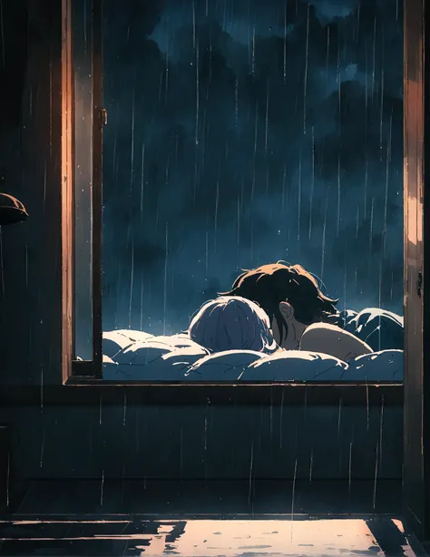 Anime couple,embrace in bed,rain visible through a window, detailed anime style characters, happy scene, rainy window,, 8k, masterpiece, dramatic lighting