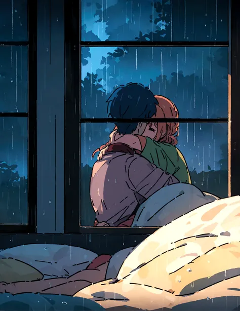 Anime couple,embrace in bed,rain visible through a window, detailed anime style characters, happy scene, rainy window,, 8k, masterpiece, dramatic lighting