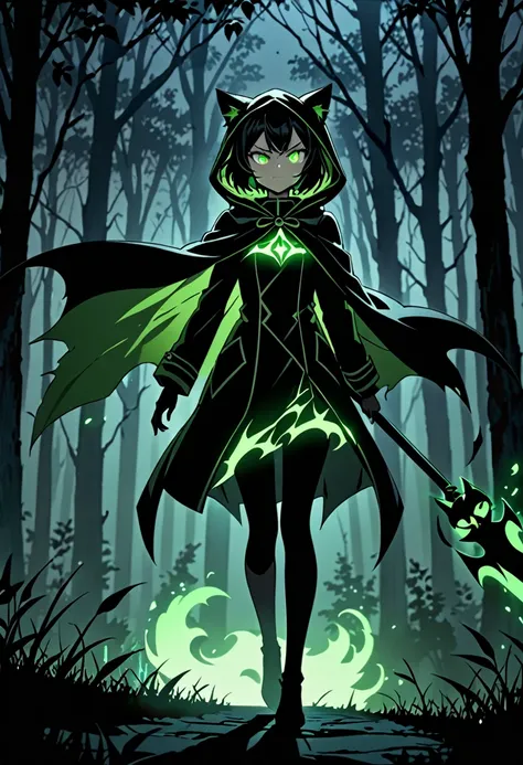 8K Ultra High-Quality, ultra-detailed, High quality, Black hair, short hair, cat girl, glowing green eyes, menacing aura, smug face, flat chest, black hooded coat, Large black Scythe, shadow figure, cape flying in the wind, night time, dark forest backgrou...