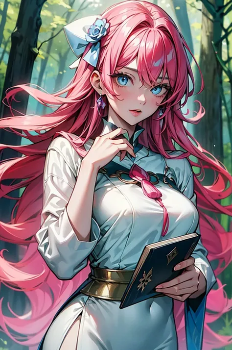 Create a detailed image of an Asian woman with blue eyes and big pink hair. She has pale skin and wears a white dress.. The woman is in a forest, and behind it appears a translucent yellow magic symbol. In one of your hands, she holds a magic book.