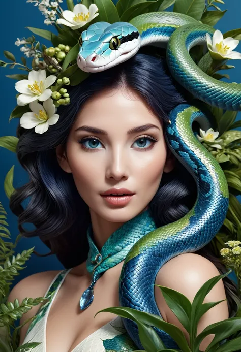 lifelike，Anthropomorphic snakes，Character setting，Delicate face，Ultra-detailed graphics，8K，magazine cover，Floral background decoration，Strong color contrast，Darker color，Blue, green and white，Snake-headed people