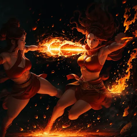 fire female goddess punching the ground