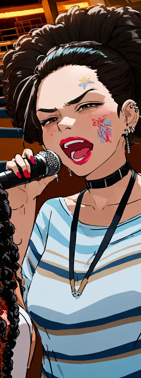 naughty man , big hair, microphone on the waist, aretes, piercing, blouse, neck straps, graffit, rapping