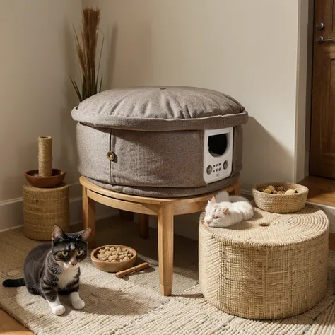 A cat bed with a scratching post, added with a cat toy and a food dispenser with food and water dishes 