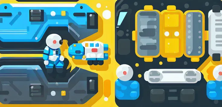  Space suit man cartoon，Space car cartoon, Heavy Line Drawing,Vehicles with steering wheels, Fusion Mecha Parts, highly detailed panel cuts,线条分割成Different colored tiles，Different colored tiles，Color blocks，Bright colors，Vibrant colors，Color contrast，Pictur...