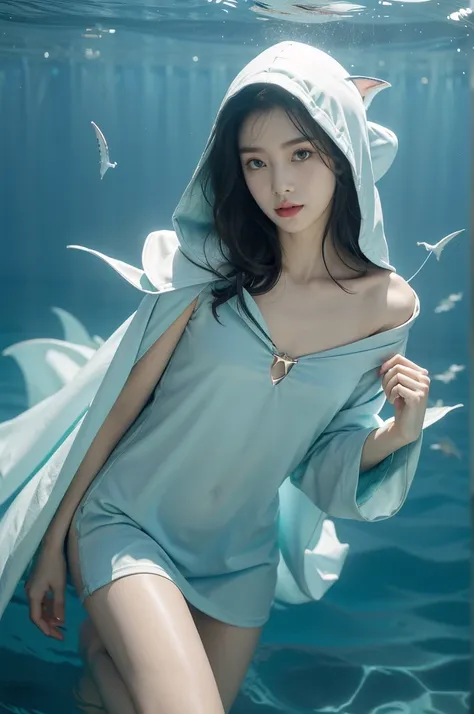 (((best quality))),(((ultra detailed))),(((masterpiece))),illustration,(1 beautiful girl,shark girl,solo),((slim,thin,small breasts,flat chest)),aquarium,summer night,(sleek sharkhead-hooded shirt-dress:1.3),shimmering hues,enchanting aura,(shoulder length...