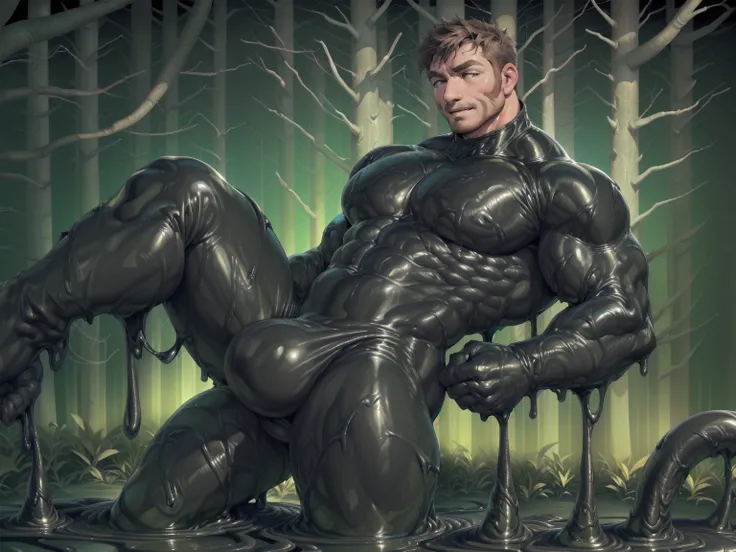 big bulge,tenting,yoga pose:2, on black slime,slime,standing  in black slime tentacles,(((human head:male,bara face,short hair:brown,melting:1))),(in black slime rubber suit,rubber suit:1.5 ),(black slime forest backgrounds:2 ),(by ross ,by null-ghost, by ...