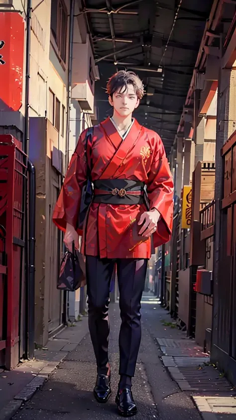 a handsome man, many, black haired, with brown eyes wearing a red kimono, named "suguru geti" in a realistic 8k-hdr view, is sta...