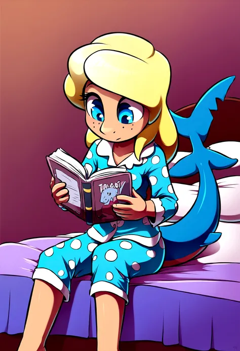 A cute girl (age 10, blonde, big blue eyes) in her shark themed pajamas complete with hoody. Sitting up in bed, reading a shark book by flashlight.
