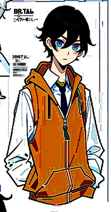 (CHARACTERSHEET:1) (MULTIPLE VIEWS FULL BODY, UPPER BODY REFERENCE SHEET:1), ,17 old years boy, high  , tie, (only top), orange hoodie, Hoodie zipper closed, (collar a little loose), pants, black hair, straight hair, hair between eyes, slightly wavy hair, ...