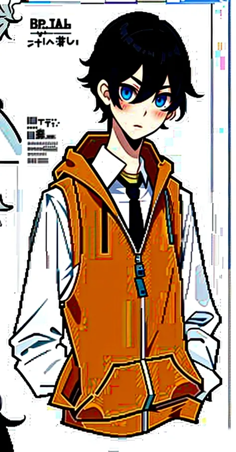 (CHARACTERSHEET:1) (MULTIPLE VIEWS FULL BODY, UPPER BODY REFERENCE SHEET:1), ,17 old years boy, high  , tie, (only top), orange hoodie, Hoodie zipper closed, (collar a little loose), pants, black hair, straight hair, hair between eyes, slightly wavy hair, ...