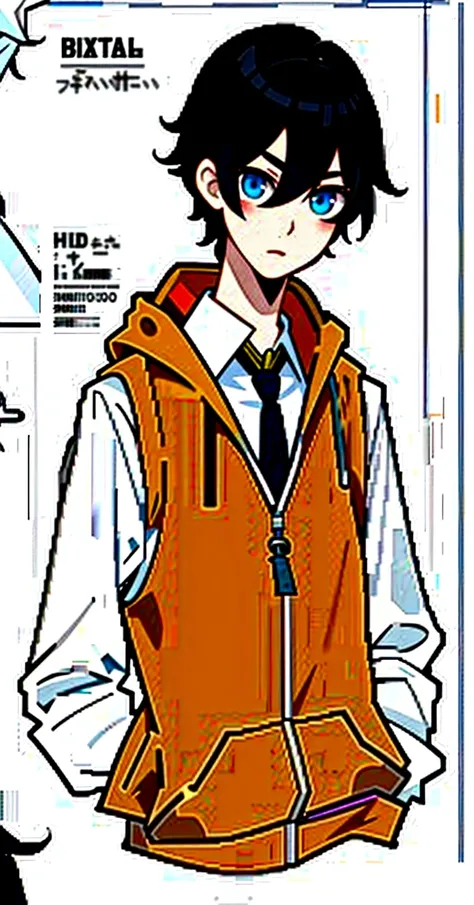 (CHARACTERSHEET:1) (MULTIPLE VIEWS FULL BODY, UPPER BODY REFERENCE SHEET:1), ,17 old years boy, high  , tie, (only top), orange hoodie, Hoodie zipper closed, (collar a little loose), pants, black hair, straight hair, hair between eyes, slightly wavy hair, ...