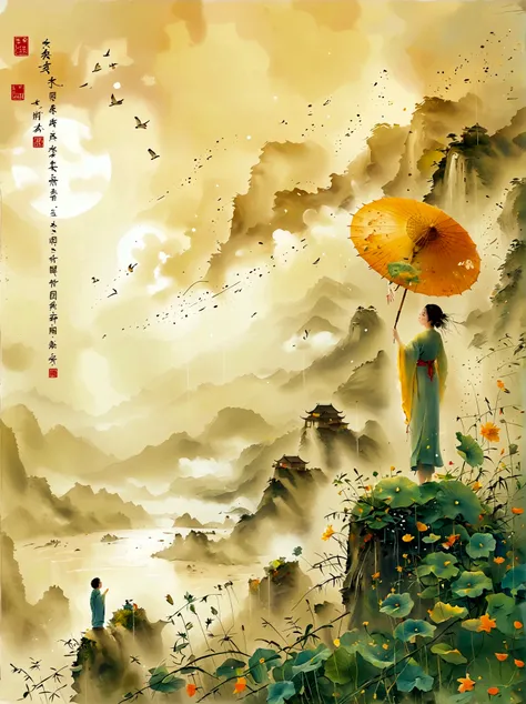 cai guorun's illustration style, 1girl, a woman in a long skirt stands on a cliff and looks up at the starry sky, goddess of spa...