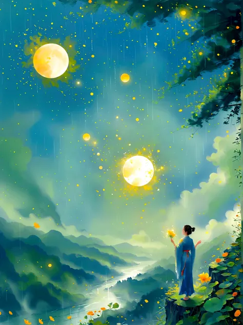 Cai GuoRUNs illustration style, 1girl, A woman in a long skirt stands on a cliff and looks up at the starry sky, Goddess of space, Milky Way Goddess, Goddess of Heaven, Astral Ethereal, dream, Beautiful celestial wizard, Beautiful fantasy painting, Beautif...